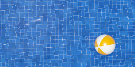 Yellow and white striped inflatable toy game beach ball on blue pool water background, summer vacation or beach symbol, 3D illustrationの写真素材