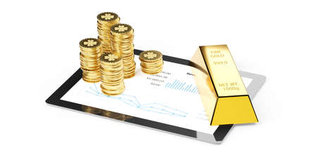 Multiple stacks of gold money coins and gold bar, ingot or bullion on computer tablet over white background, online or electronic financial management or investing concept, 3D illustrationの写真素材