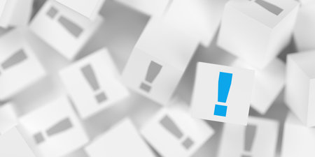 Heap of white cubes with grey exclamation marks and one blue exclamation mark, idea, solution or communication business concept background, selective focus, 3D illustrationの写真素材