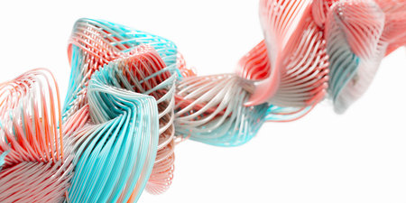 Set of transparent cyan and red twirling mesh array tube lines isolated on white background,...