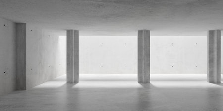 Abstract large, empty, modern concrete room with sunlight from back, pillars and polished floor -...