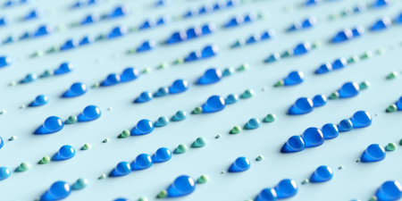 Lines of transparent spheres with different sizes on cyan background, abstract modern data...