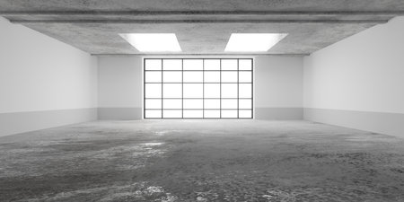 Abstract empty, modern concrete room with huge window in the back, ceiling openings and rough floor - industrial interior background template, 3D illustrationの写真素材