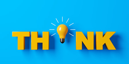 Yellow word THINK with yellow light bulb over blue background, inspiration or brainstorm concept, 3D illustrationの写真素材
