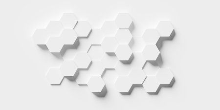Modern minimal white random offset shifted honeycomb hexagon geometrical pattern island on white...
