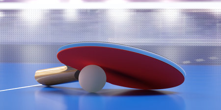 Table tennis or  paddle or racket with table tennis ball on blue table with stadium background, 3D illustrationの写真素材