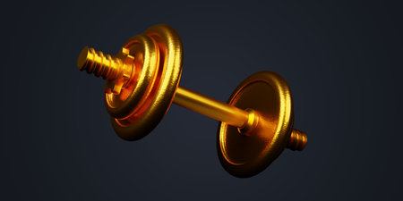 Single gold fitness gym dumbbell with plates floating over dark background, muscle exercise, bodybuilding or fitness concept, 3D illustrationの写真素材