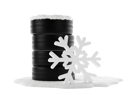 Stack of car tires covered with snow on snow patch over white background with abstract snowflake standing next to it, winter tire concept, 3D illustrationの写真素材