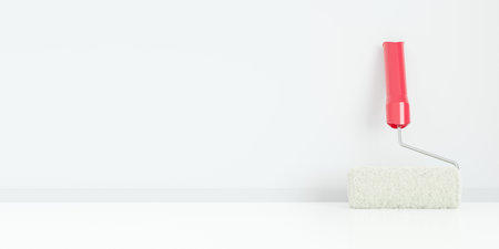 White paint roller leaning against wall in empty white room background, home improvement, renovation or construction work concept, copy space, 3D illustrationの写真素材