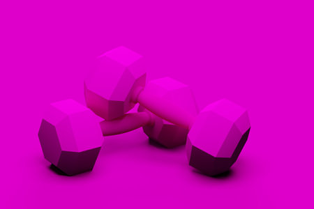Two pink fitness gym hexbell weights over pink background, woman's fitness, muscle exercise, bodybuilding or female fitness concept, 3D illustrationの写真素材