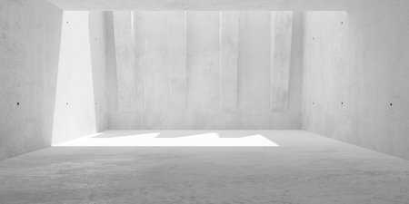 Abstract large, empty, modern concrete room, sunlight from roof opening, tilted pillar row and rough floor - industrial interior background template, 3D illustrationの写真素材
