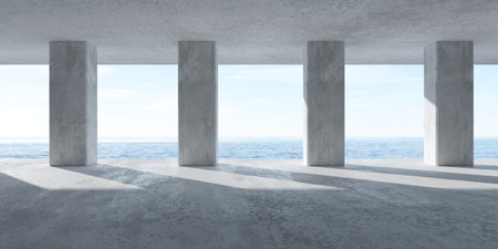 Abstract large, empty, modern concrete room with row of pillars, rough floor and view to the outside with ocean and sky background - industrial interior background template, 3D illustrationの写真素材
