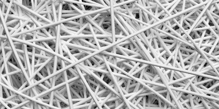 Modern minimal white randomly scattered geometrical tubes or lines pattern background template flat lay top view from above, 3D illustrationの写真素材
