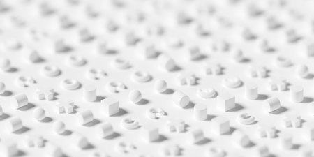 White 3D shapes memphis geometrical primitives pattern on white background with selective focus, 3D...
