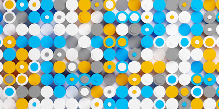Random shifted abstract white, blue, orange and grey polygon geometrical cylinders pattern...
