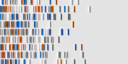 Rows of cubes or boxes array on white background fading out, abstract modern minimal data visualisation, computer science, research or business datum concept, 3D illustrationの写真素材