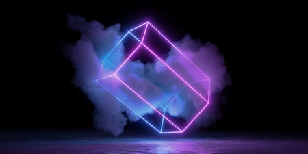 Abstract blue and pink neon glowing wireframe hexagon prism shape with smoke cloud and rough shiny floor on black background, 3D illustrationの写真素材
