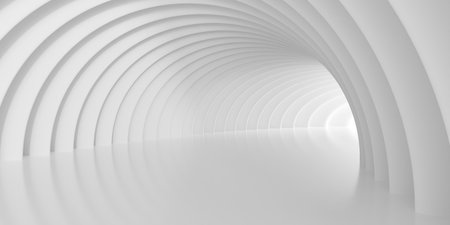 White empty abstract tunnel or corridor background, walls with vertical curve pattern, lit from back, 3D illustrationの写真素材