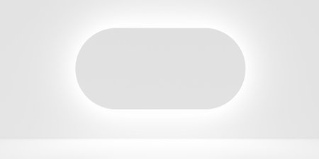 White empty, blank, clean room with oval shaped backlit geometric shape on the back wall, product presentation template background, 3D illustrationの写真素材