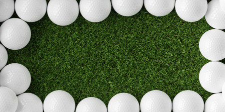 White golf ball border or frame over green grass background with copy space top view from above, 3D illustrationの写真素材