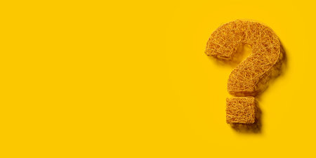 Orange question mark made from tangled strings on orange background, idea, solution or question or communication business concept background with copy space, flat lay top view from above, 3D illustrationの写真素材