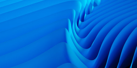 Close up of modern abstract wave or curve shaped bend blue paper background, 3D illustration