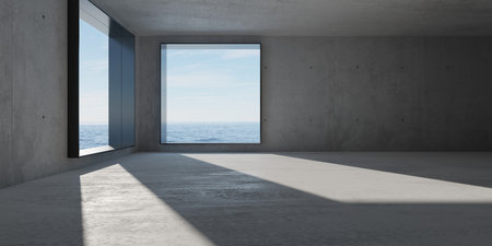 Abstract large, empty, modern concrete room with large corner windows with ocean view and rough floor - industrial interior background template, 3D illustrationの写真素材
