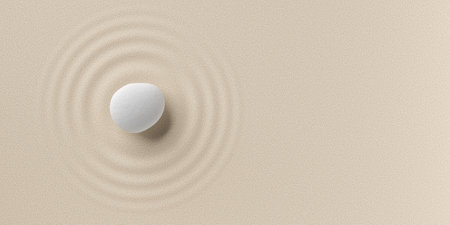 Single white pebbles on sand background with circular waves, zen, spa, yoga or meditation concept...