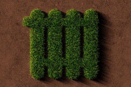 Heater symbol made from green grass on brown soil background, green heating or energy concept, 3D illustrationの写真素材