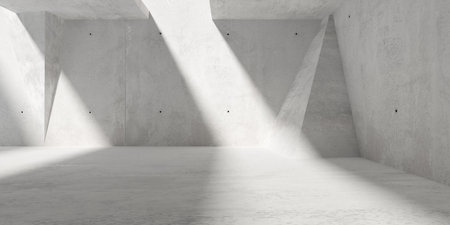 Abstract large, empty, modern concrete room with ceiling opening, angled walls and rough floor - industrial interior background template, 3D illustrationの写真素材