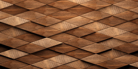 Close up of randomly offset shifted stretched rhomb wooden cubes or blocks surface background texture, empty floor or wall hardwood wallpaper, 3D illustrationの写真素材