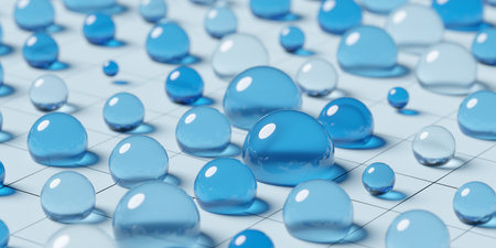 Blue glass sphere balls geometrical primitives pattern on blue grid background with selective focus,...