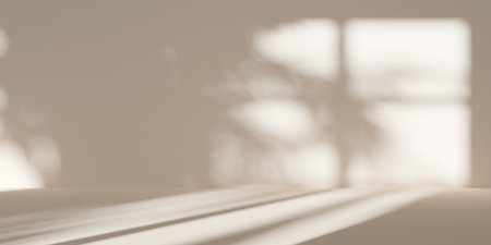 Empty, blank pastel brown room background with tree and window frame shadow, product or design placement template, 3D illustrationの写真素材