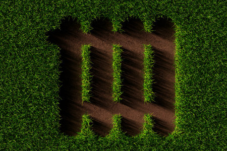 Heater symbol with brown soil cut out from green grass background, green heating or energy concept, flat lay top view from above, 3D illustrationの写真素材