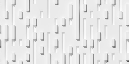 Random shifted large inset and offset cubes geometrical white background wallpaper banner pattern frame filling flat lay top view from above, 3D illustrationの写真素材
