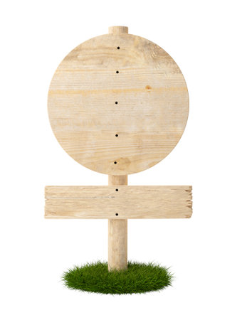 Round and rectangular empty, blank wooden signs on wood post on green grass patch with room for text, wooden board sign template isolated on white background, 3D illustrationの写真素材