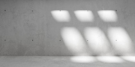 Abstract empty, modern concrete room with sun shadow from ceiling grid opening and rough floor - industrial interior background template, 3D illustrationの写真素材