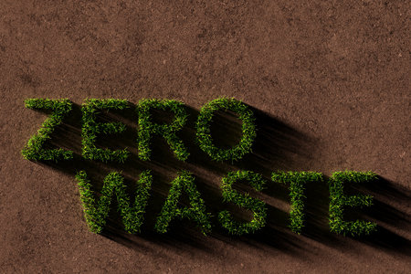 Zero waste text growing from grass, reducing waste or garbage or recycling concept on brown soil background, 3D illustrationの写真素材