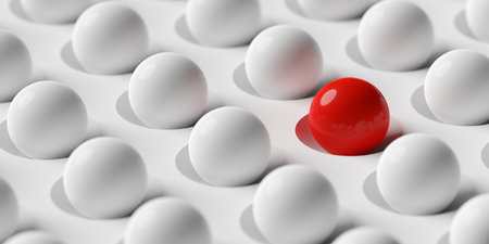 Red ball in array of white balls on white background, concept of standing out, being different,...