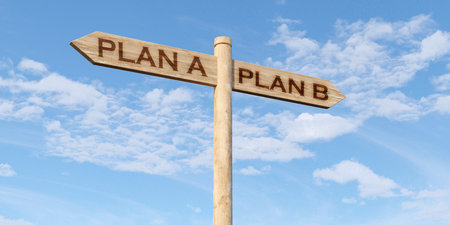 Two wooden signs showign plan a and plan b text over blue sky background with white clouds, business strategy, decision or backup concept, 3D illustrationの写真素材