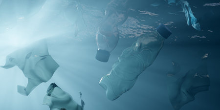 Plastic bottles and plastic bags floating underwater in the ocean, environment pollution, garbage or waste concept, 3D illustrationの写真素材