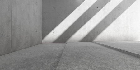 Abstract empty, modern concrete room with large steps, ceiling beam sunlight shadows and rough floor - industrial interior background template, 3D illustrationの写真素材