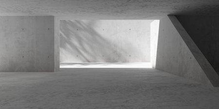 Abstract empty, modern concrete room with opening to courtyard, tree shadow and rough floor -...