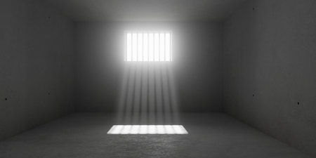 Empty, dark prison cell or gaol with sunlight rays through window with metal bars, crime, imprisonment or penitentiary concept, 3D illustrationの写真素材