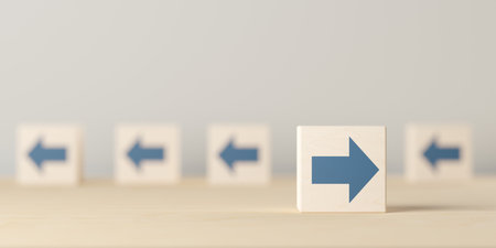 Wooden block with arrow facing the opposite direction of arrows in the back, uniqueness, thinking...