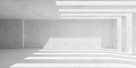 Abstract empty, modern concrete room with sunlight from wall openings and rough floor - industrial interior background template, 3D illustrationの写真素材