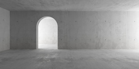Abstract empty, modern concrete room with rounded door opening in the back wall and rough floor - industrial interior background template, 3D illustrationの写真素材