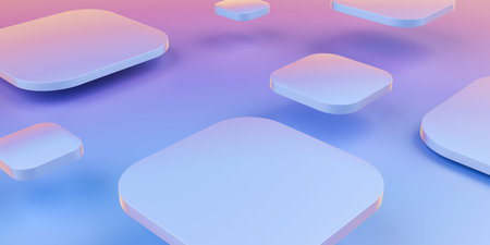 Blue and yellow abstract floating rounded rectangle shapes, geometric shape background template, 3D...