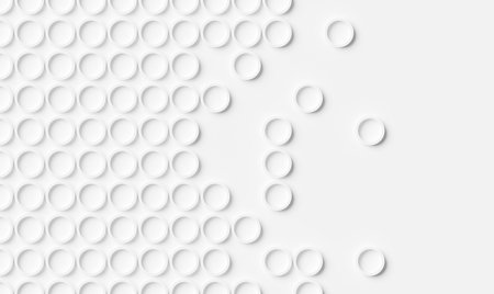 Array or grid of offset spaced white circular rings background wallpaper banner pattern with copy space, 3D illustrationの写真素材