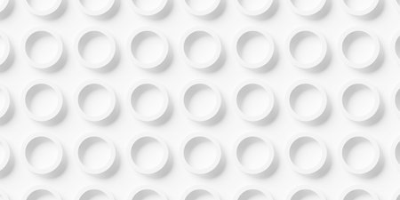 Array or grid of offset spaced white circular rings background wallpaper banner pattern, 3D illustrationの写真素材